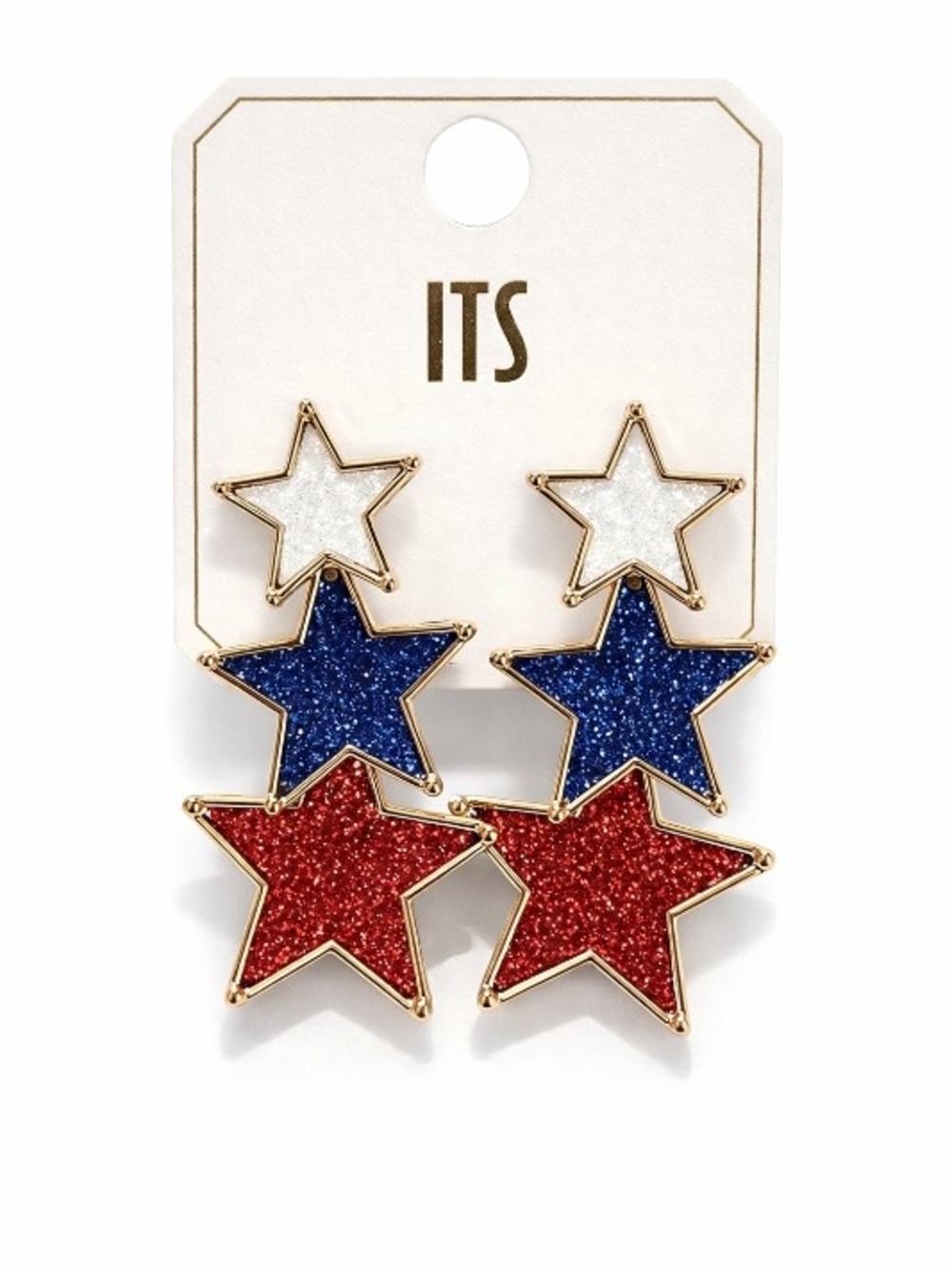 ITS Glitter Star Triple Drop Earrings in Red, Blue & White